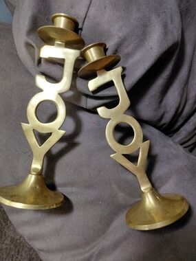 Solid Brass 8.5"" Joy Letter Candlestick Pair